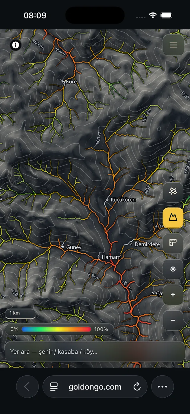 Terrain mode — hillshade, contour lines and the score-coloured stream network on a dark base