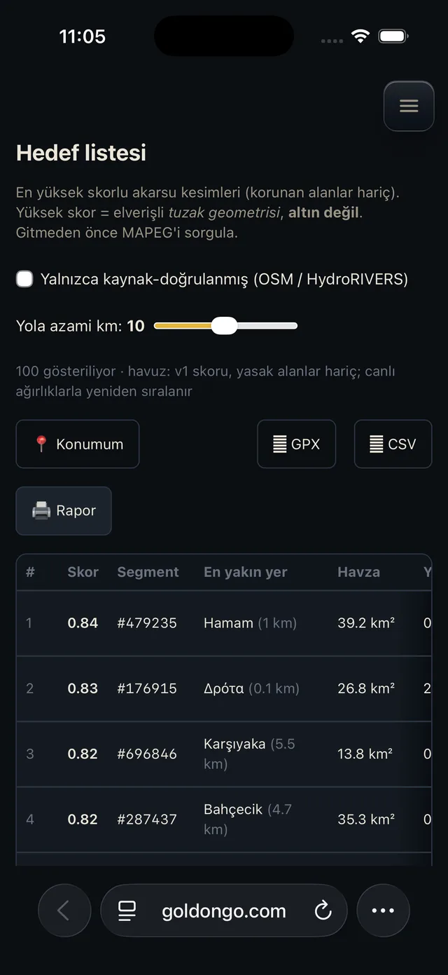 Hedef listesi — skora göre sıralı akarsu kesimleri ve dışa aktarma