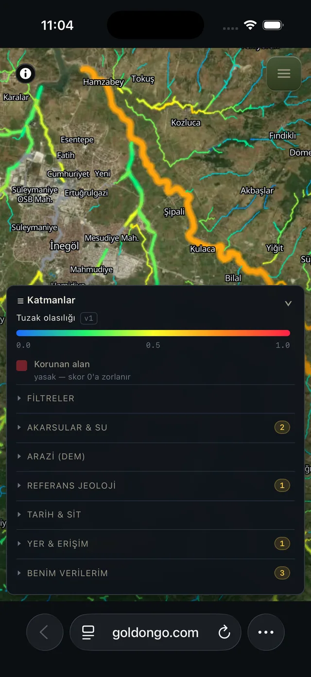 Katmanlar paneli — akarsular, arazi ve korunan alan katmanları