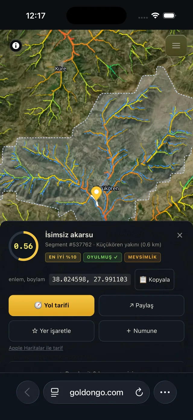 Seçili kesimin yukarı havzası harita üzerinde çizili, skor paneli açık